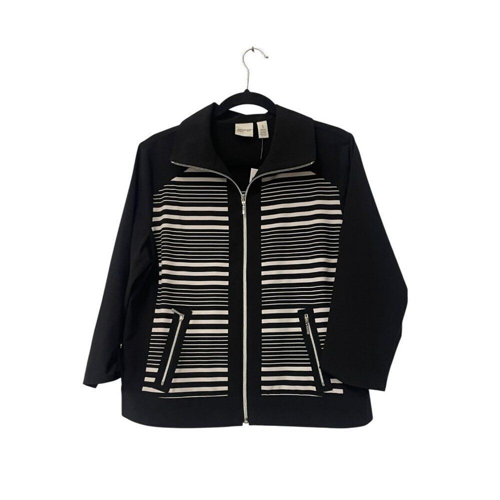 Chicos Womens Jacket 1 M 8 Black Zenergy Neema Striped 3/4 Sleeve Full Zip NWT